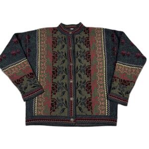 Cherry Lewis Sweater Womens Medium Wool Blend Floral Tapestry Cardigan England